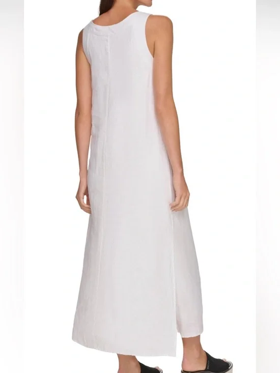 🆕DKNY Pure White Linen Maxi Dress Sleeveless Side Slit Summer Dress Size S Chic - Picture 3 of 15